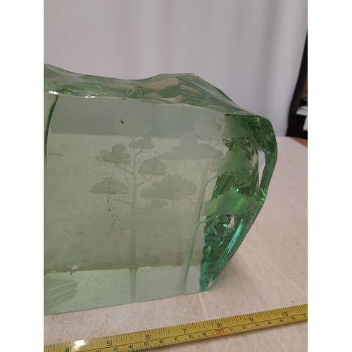 161 - Large and heavy piece of etched Art glass Tank with Trees