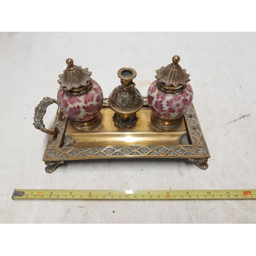 200 - Victorian brass with pottery inkwells desk stand