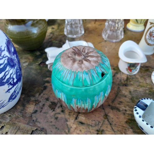 233 - Decorative china and glassware : Shelley high fired dribble glaze vase and cover, paperweights,, sil... 