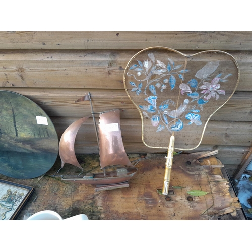 453 - Box of oddments : 19th century Staffordshire pottery flatbacks, copper boat, carved wooden part nut ... 