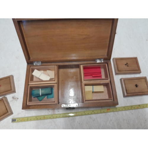 44 - Early 20th century mahogany whist card box with enamel top with painted bone markers