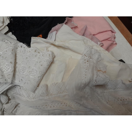 138 - Box of vintage textiles : linen some with lace edges, vintage black silk shawl etc.