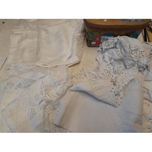 215 - Box of vintage textiles and handbags : linen & crochet work table covers etc