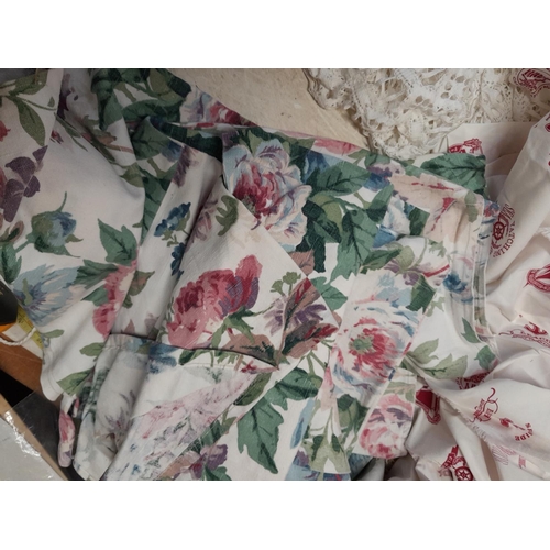 223 - Box of vintage fabric, crochet work curtains, floral pattern curtains and off cuts etc.