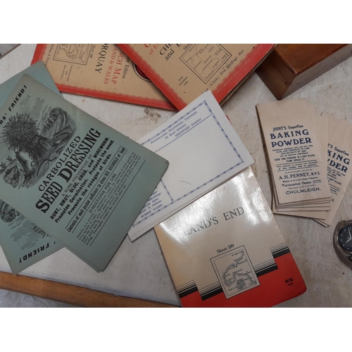 225 - Box of oddments : vintage advertising products, brass crucifix, boxes & watches , OS maps etc.