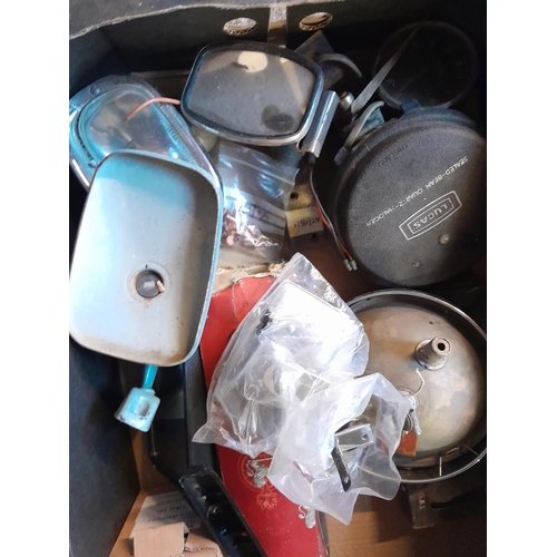 254 - Box of car spares : lamps and mirrors