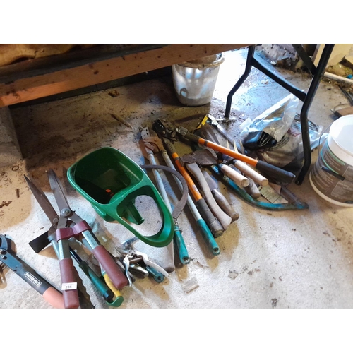 286 - Various garden tools, shears, clippers, spray gun, axe etc.