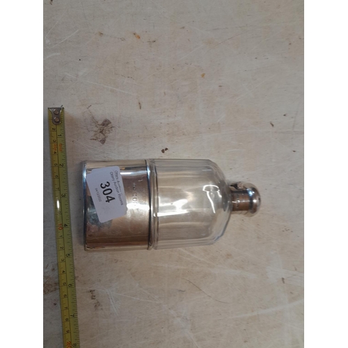 305 - Silver and cut glass hip flask