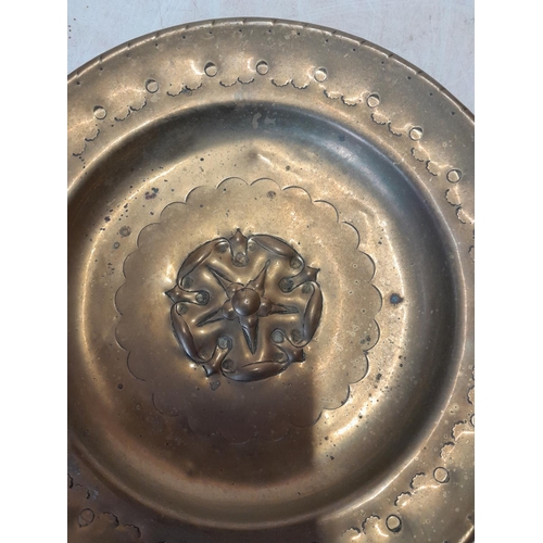 8 - Arts and Crafts brass alms dish with rose decoration, no makers mark possibly Keswick School