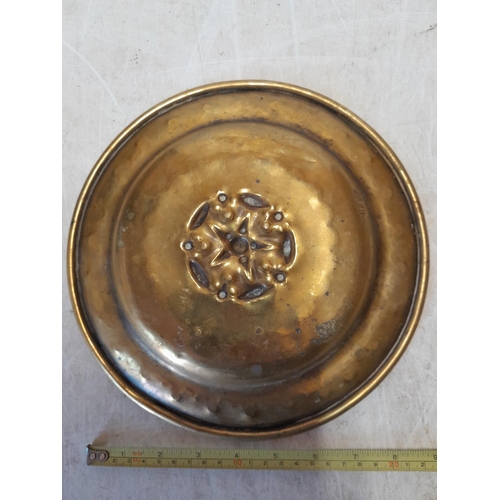 8 - Arts and Crafts brass alms dish with rose decoration, no makers mark possibly Keswick School