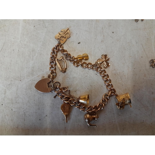 47 - 9 ct gold charm bracelet with various charms some loose, many hallmarked 42 g