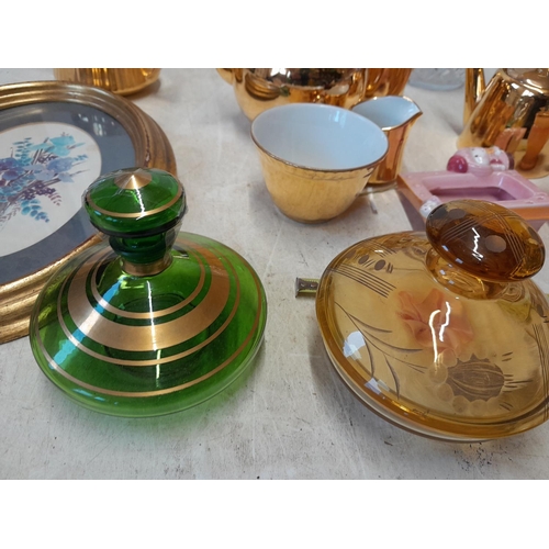 87 - Decorative china and glassware : vintage scent bottle and 2 x powder jars, gilt part teaware cut gla... 