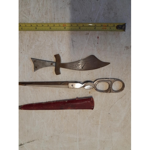 156 - Trench art paper knife and Edwardian dagger scissors in case