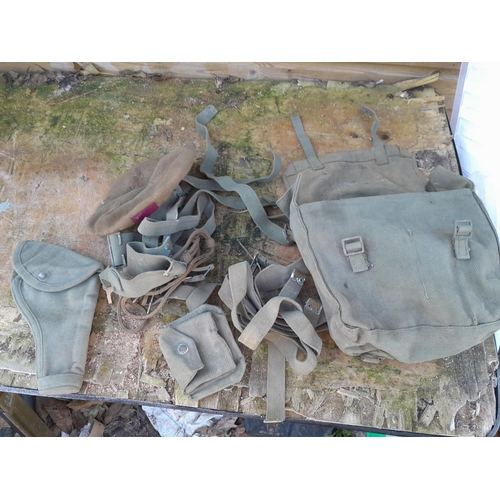 161 - World War II canvas satchel with webbing and pistol holster