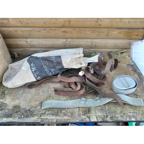 162 - World War II canvas bag, kit bag, leather and canvas webbing etc