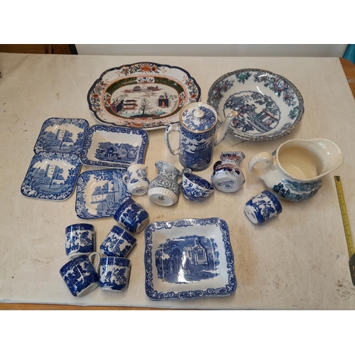 187 - Assorted blue and white china : Masons Iron stone charger, Burleigh, Grindley, Adderley, Adams, Capo... 