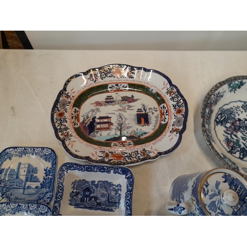 187 - Assorted blue and white china : Masons Iron stone charger, Burleigh, Grindley, Adderley, Adams, Capo... 