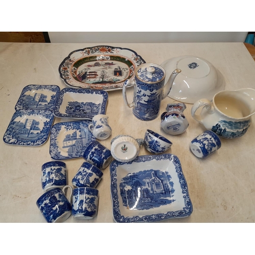 187 - Assorted blue and white china : Masons Iron stone charger, Burleigh, Grindley, Adderley, Adams, Capo... 