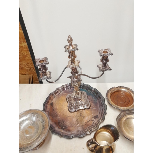 202 - Silver plated ware : trays, coaster three branch candlestick stick with removable sconces