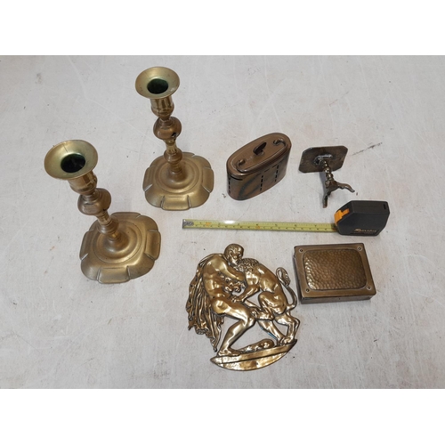 205 - Assorted brassware : 19th century candle sticks with lobed bases, dish, stamp box, miniature brass t... 