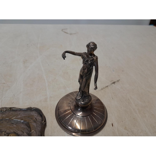 207 - Silver plated figure on stand & brass dish with lion decoration