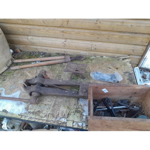 227 - Vintage vice, shears , door and gate escutcheons etc.