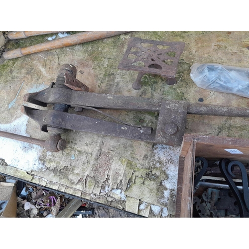 227 - Vintage vice, shears , door and gate escutcheons etc.