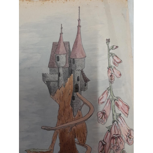 234 - A well executed early 20th century watercolour with pen and ink, study of Mushroom Fairy with Castle... 