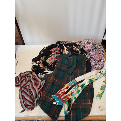 313 - 2 x scarves, tartan waistcoat, braces and 2 x pieces of fabric remnants