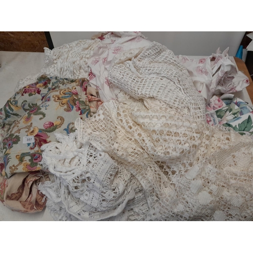 355 - Box of vintage fabric, crochet work curtains, floral pattern curtains and off cuts etc.