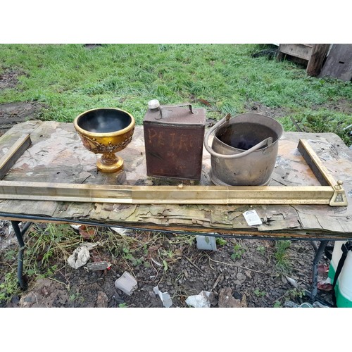 242 - Brass fire kerb, coal helmet, resin fruit bowl & spirit can no lid