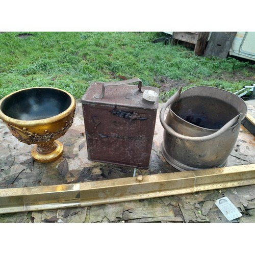 242 - Brass fire kerb, coal helmet, resin fruit bowl & spirit can no lid