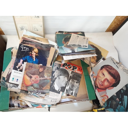 3 - Box of paper ephemera : 1960s pop magazine cut outs including Beatles Rolling Stones etc.