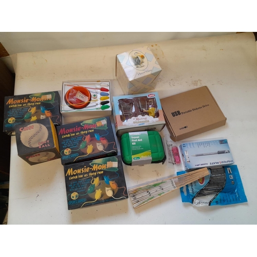 66 - Box of oddments : childs games, pen set USB drive , toy money etc.