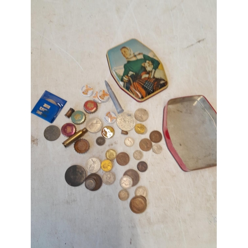 145 - Coins Crowns, pin badges vintage tin etc.