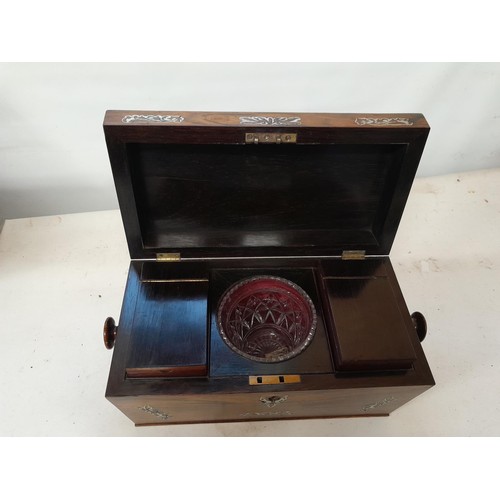 14 - 19th century rosewood and mother of pearl inlaid, fully fitted with glass blending bowl tea caddy  i... 