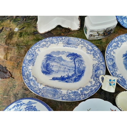 26 - Assorted decorative china : 3 x Victorian blue and white meat plates, hand decorated Dresden plate a... 