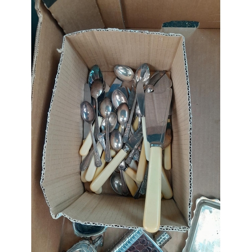 33 - Box of silver plated and other cutlery, hip flask etc