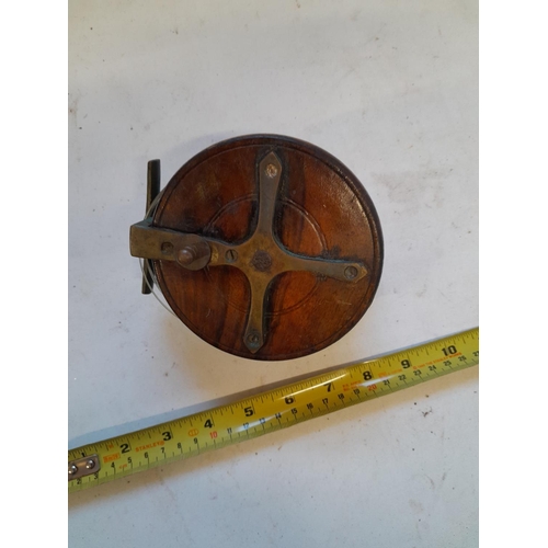 57 - Early 20th century brass and wood salmon fishing reel