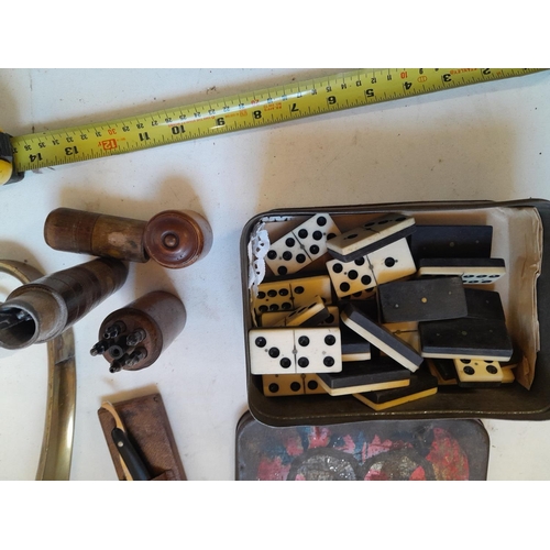 67 - Oddments : vintage bone dominoes, brass shoe horn, cut throat razor, & two treen travelling tool kit... 