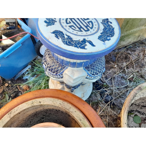 89 - Various garden terracotta and other pots, glazed elephant stool