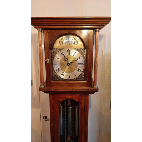 440 - Grandfather clock, German movement Westminster chime 8 day with 3 weights and pendulum. Oak case fro... 