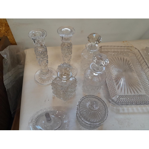 455 - Assorted cut glass dressing table ware, note chips to candlestick