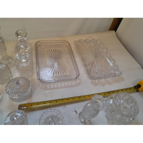 455 - Assorted cut glass dressing table ware, note chips to candlestick