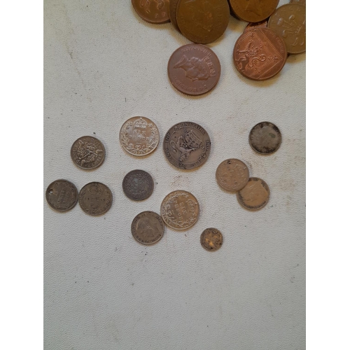 25 - Coins, current base metal coinage, 1862 Young Head Silver Penny, Maundy Money, 5 x silver Three Penc... 