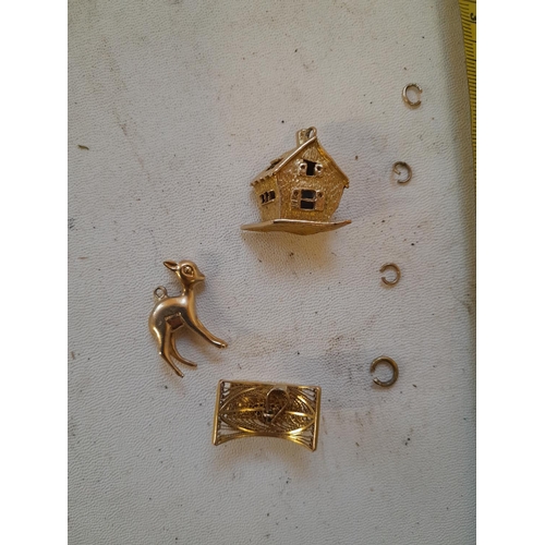 48 - 3 x 9 ct gold charms, one modelled as a cottage set with sapphire unmarked but tested, 1 x hallmarke... 