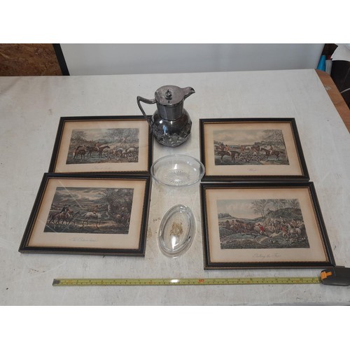 498 - Vintage hunting prints, Robertsons advertising dish and plated ware etc.