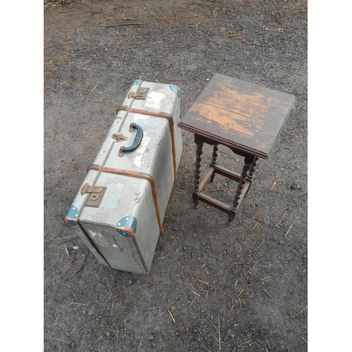 107 - Vintage oak barley twist table and suitcase