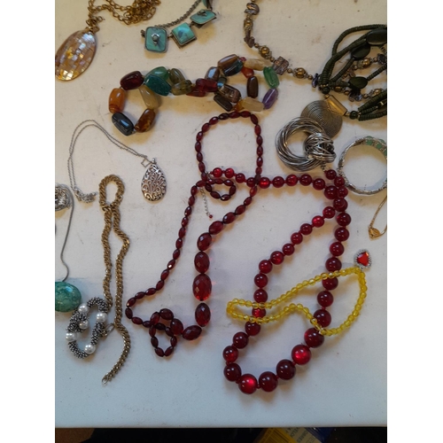 150 - Assorted costume jewellery : 2 x Faux cherry amber necklaces , very small amount of silver included ... 