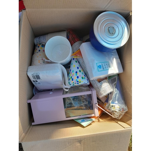 166 - 3 x boxes of new items :outside lanterns, bird feeders, paper cups, party hats, etc.